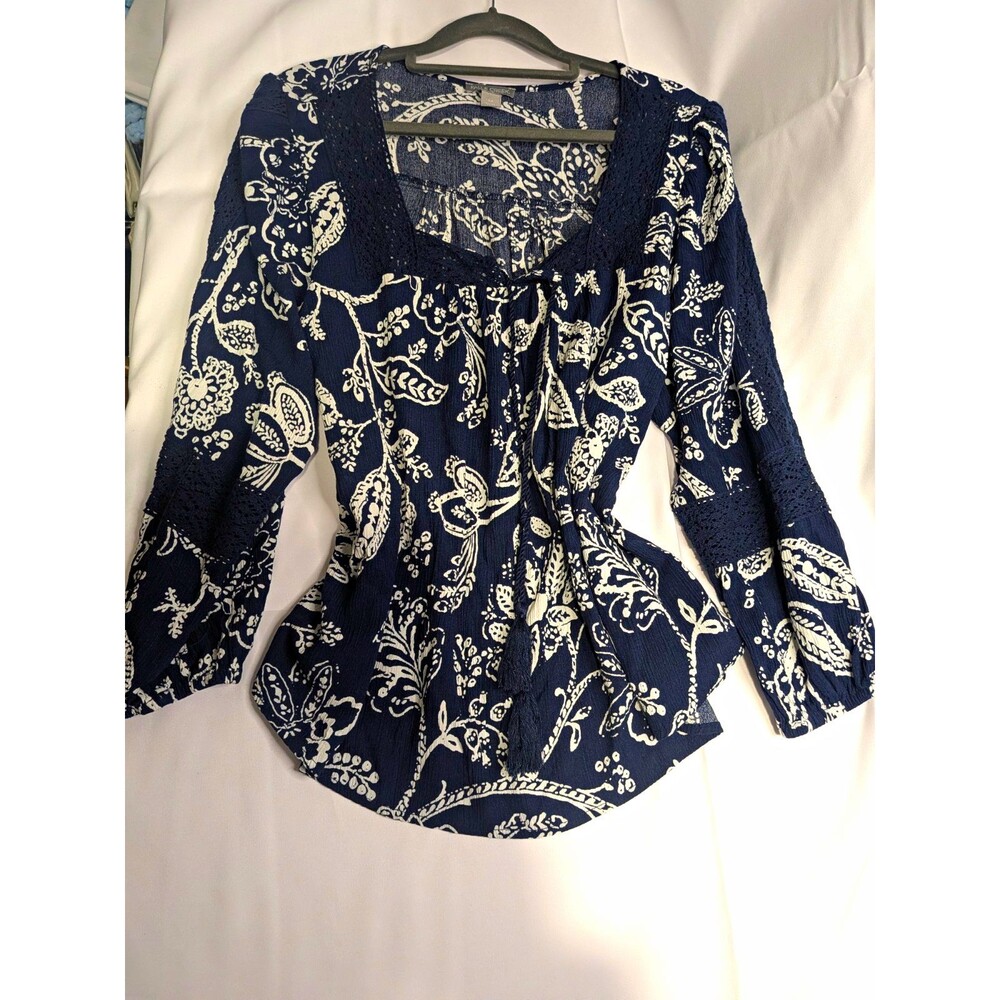 Falls Creek Navy/White Floral Woven Square Neck 3/4 Sleeve Crochet Tie Blouse M